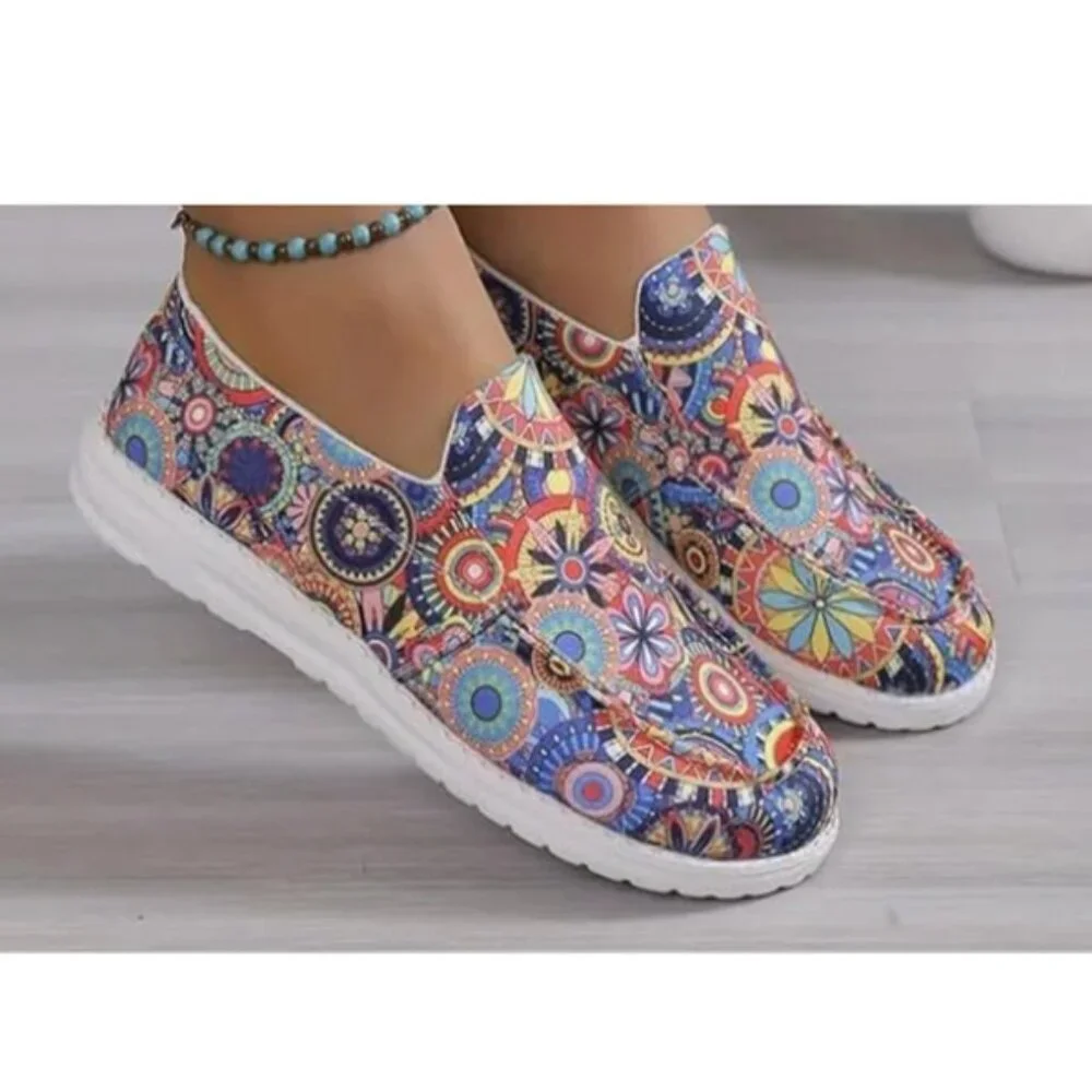 Womens Colorful Boho Floral Printed, Round Toe, Low Top Canvas, Casual Slip-On